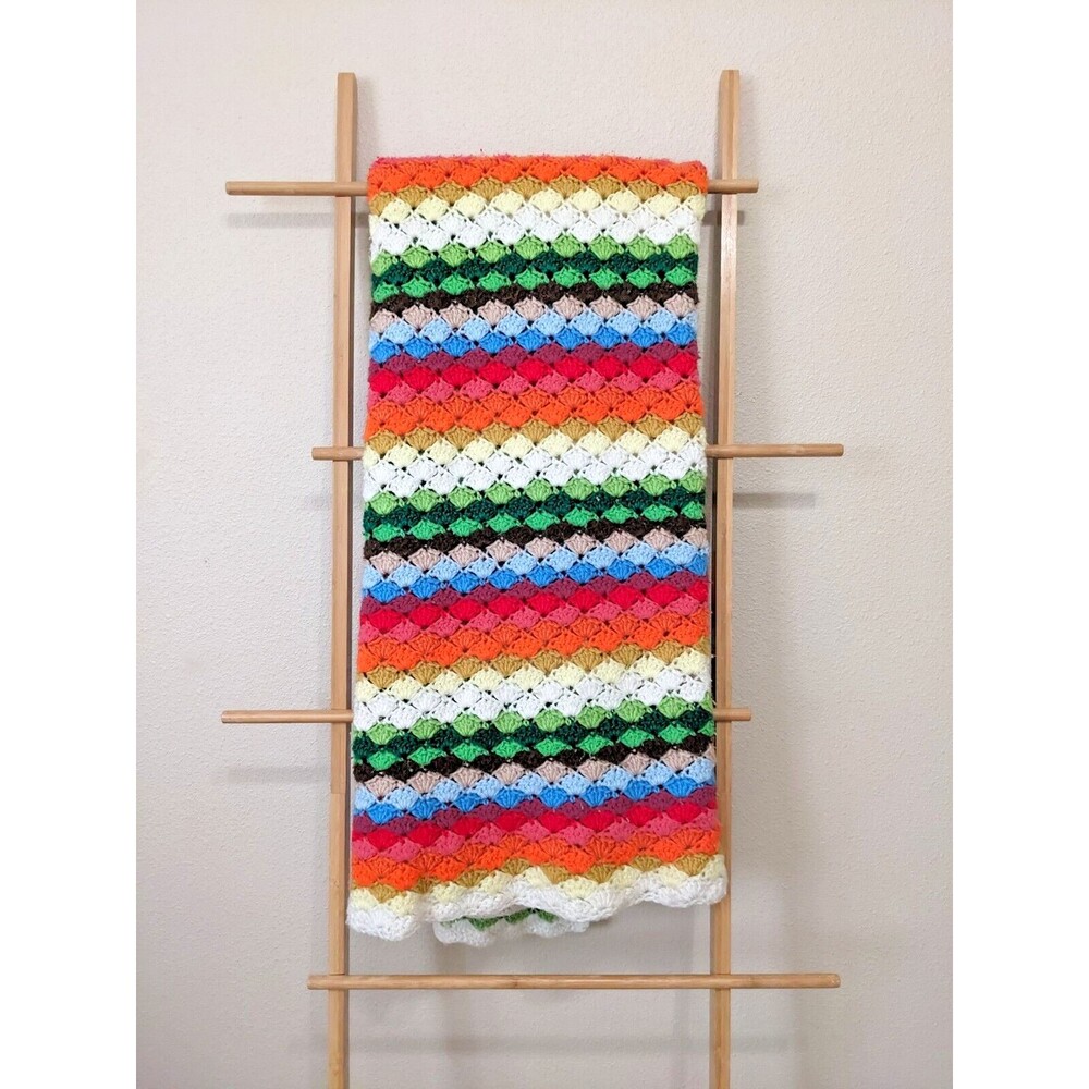 Vintage Funky 1970s Rainbow Crochet Afghan Blanket Throw Shell Stitch 68" by 50"